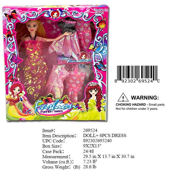 13X9X2"11"FASHION DOLL+ 6 DRESSES