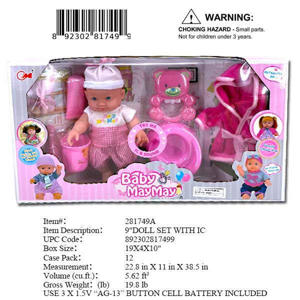18.8X10.2X3.5"9"IC DRESSED BABY DOLL+FEEDING SET