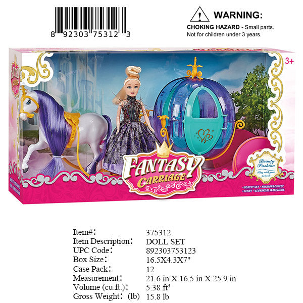 16.5X4.3X7"FANTASY CARRIAGE & DOLL SET