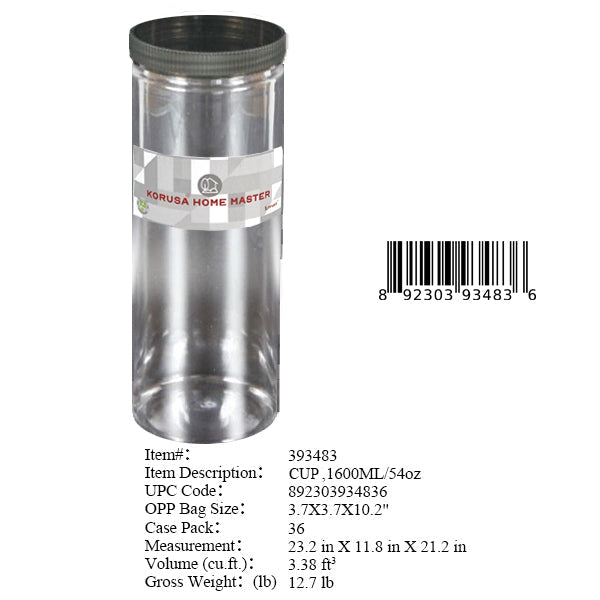 3.7X3.7X10.2"PLASTIC FOOD 54OZ STORAGE TUBE