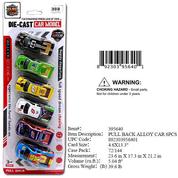 4.6X13.3"6PC DIECAST PULL BACK CAR SET