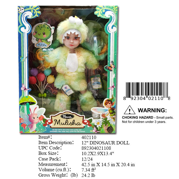 10.X2.9X13.4"12"MULISHA BABY DOLL W/DINO OUTFIT