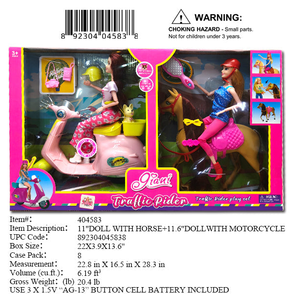 22X3.9X13.6"2 PC 11"GIRL DOLL RIDE ON SCOOTER & HO