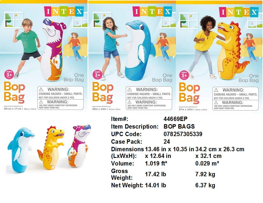 38X24"INTEX INFLATABLE 3-D ANIMAL BOP BAG 3 DESGNS