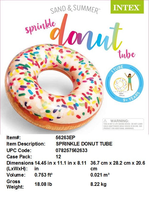 45"INTEX SPRINKLE DONUT TUBE SWIM RING AGE 9+