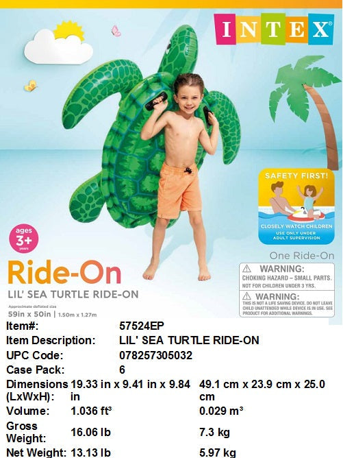 59X50"INTEX INFLATABLE LIL'SEA TURTLE RIDE ON