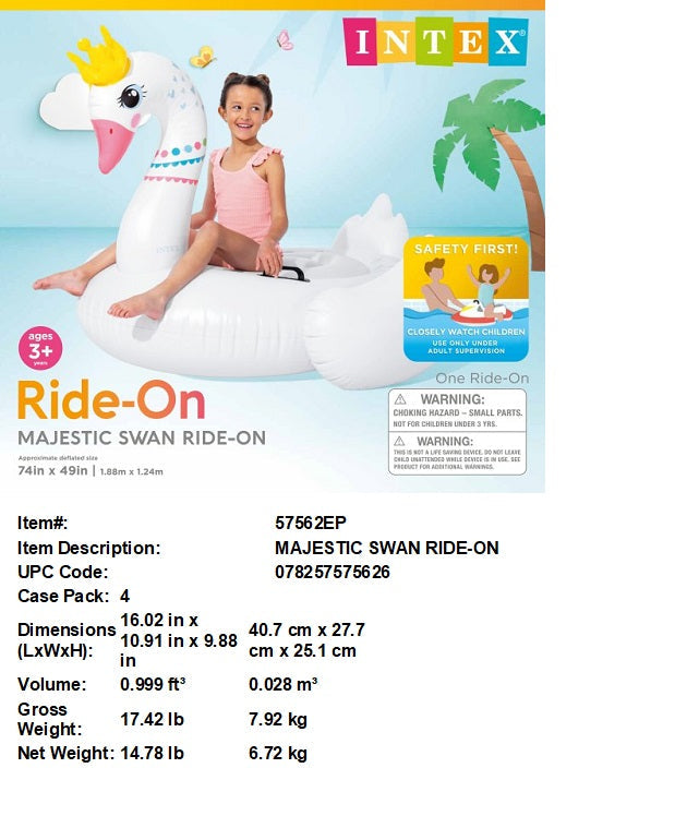 74X49"INTEX MAJESTIC SWAN RIDE ON