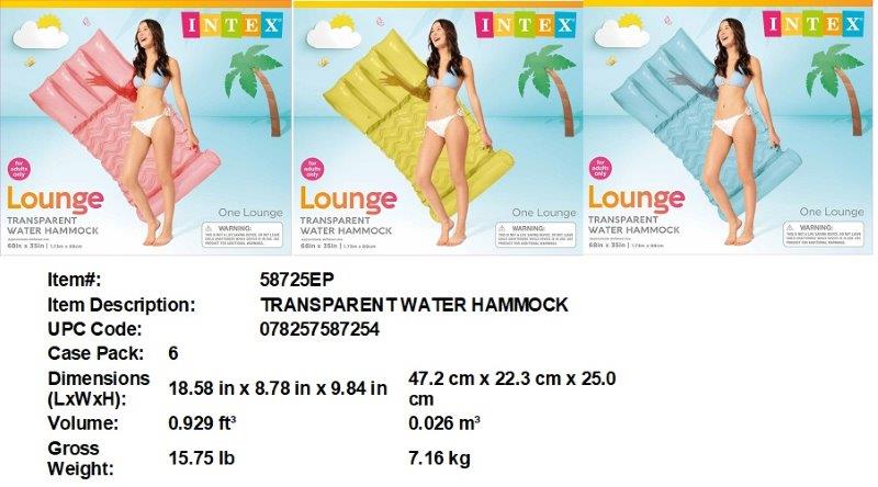 68X35"INTEX TRANSPARENT WATER HAMMOCK