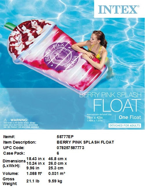 78X42"INTEX BERRY PINK SPLASH FLOAT
