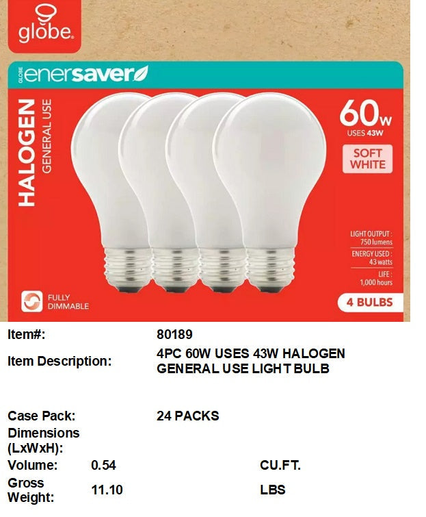 4PC PACK 60W LIGHT BULB
