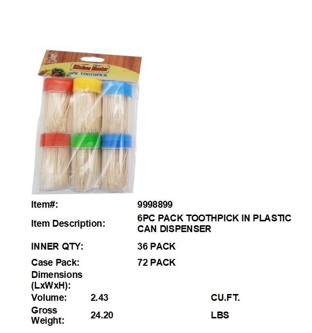 6 PC PACK TOOTHPICK IN PLASTIC CAN DISPENSER