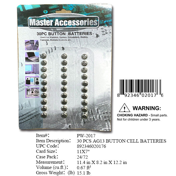 30PC AG13 BUTTON CELL BATTERY