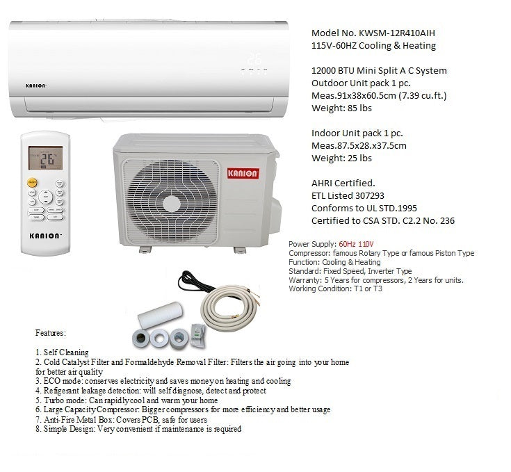 110V/12000BTU MINI SPLIT HEAT+COOL AC SYSTEM