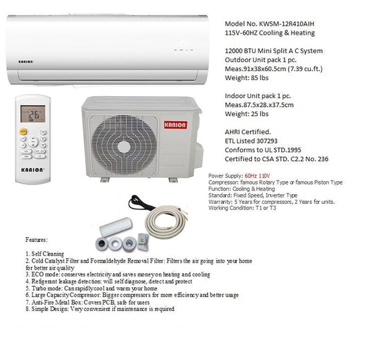 110V/12000BTU MINI SPLIT HEAT+COOL AC SYSTEM