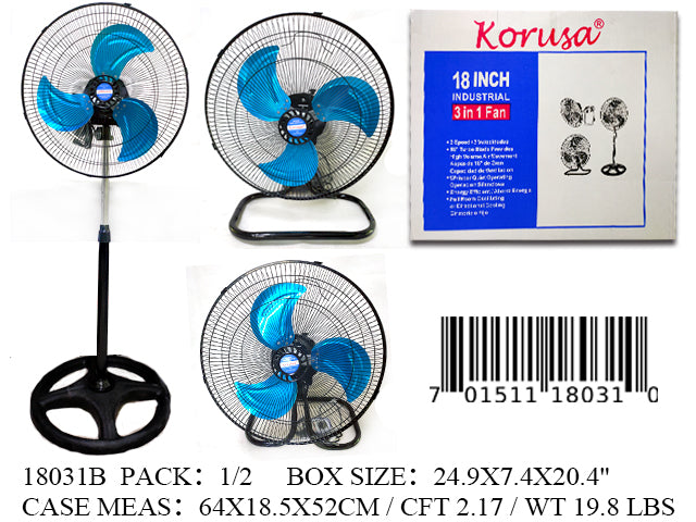 18"KORUSA 3IN1 3 BLADE IND'L FAN