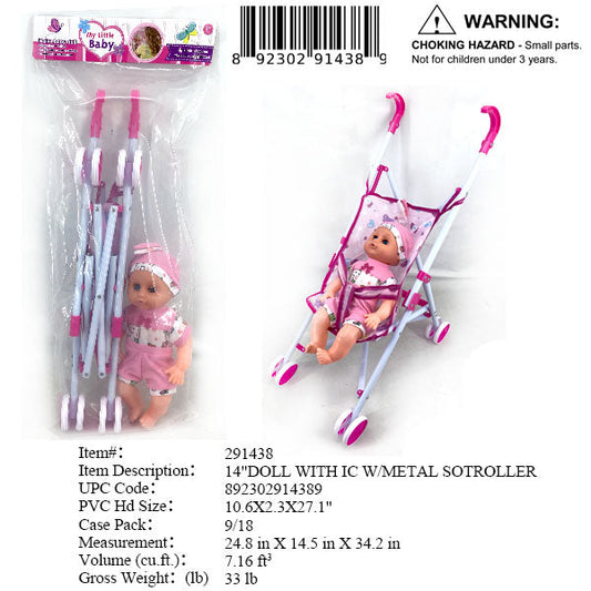 24,8X14.5X34.2"14"IC BABY DOLL+METAL STROLLER