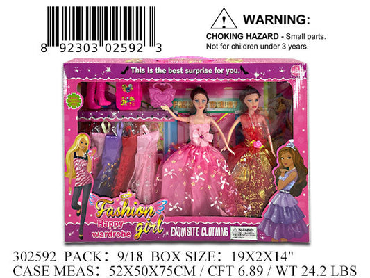 19X14X2"2PC 11"FASHION GIRL  DOLL+DRESSES WBX