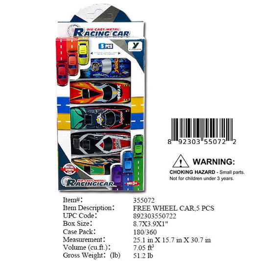 8.7X3.9X1"5PC METAL FREEWHEEL SPORT CAR