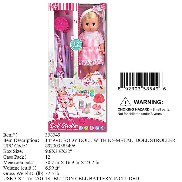 9.8X3.9X22"14"IC GIRL DOLL+STROLLER