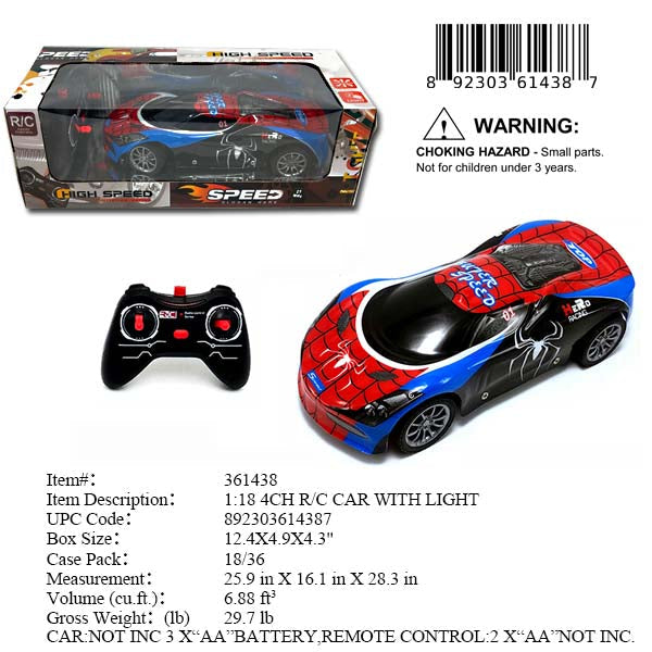 12.4X4.9X4.3"1:18 4CH R/C SPEED SPORT CAR