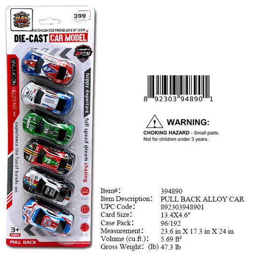 13.4X4.6"6PC P/B DIECAST SPORT CAR