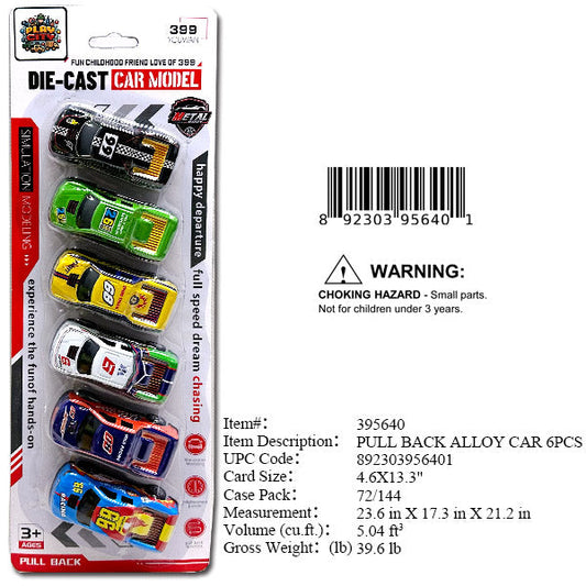 4.6X13.3"6PC DIECAST PULL BACK CAR SET