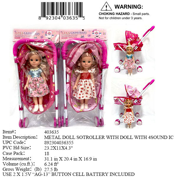 23.2X11X4.3"IC GIRL DOLL & METAL DOLL STROLLER SET