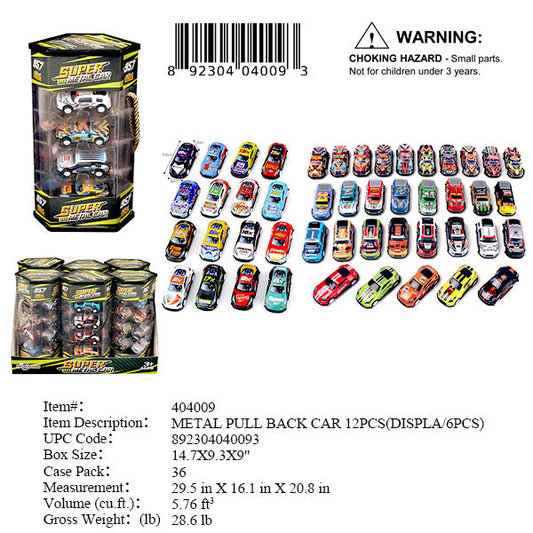 14.7X9.3X9"12PC METAL PULL BACK SPORT CAR