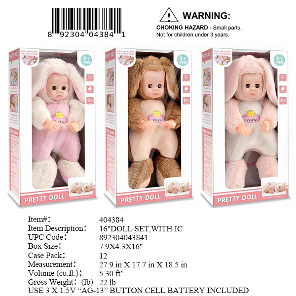 7.9X4.3X16"16"IC BABY DOLL W/ANIMAL OUTFIT