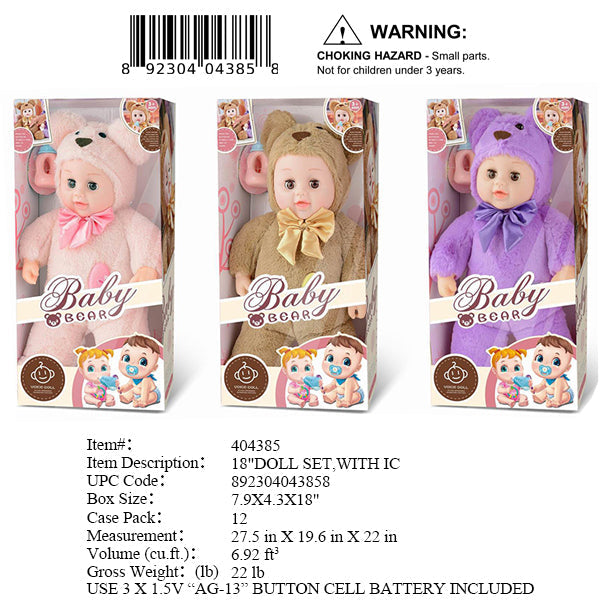 7.9X4.3X18"18"IC BABY DOLL W/BEAR OUTFIT