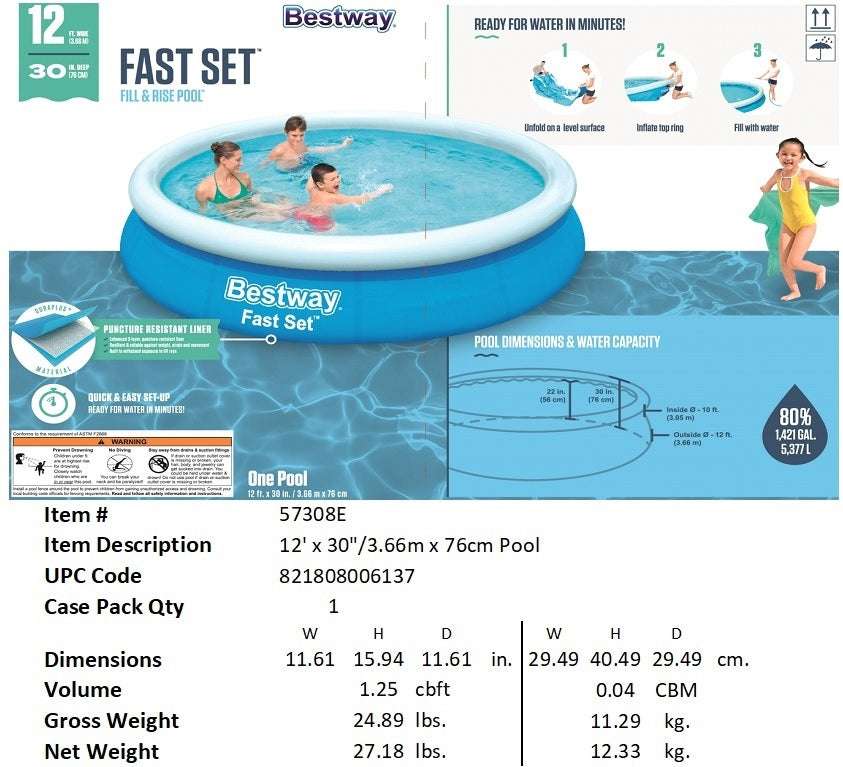 BESTWAY FAST SET 12FTX30" POOL