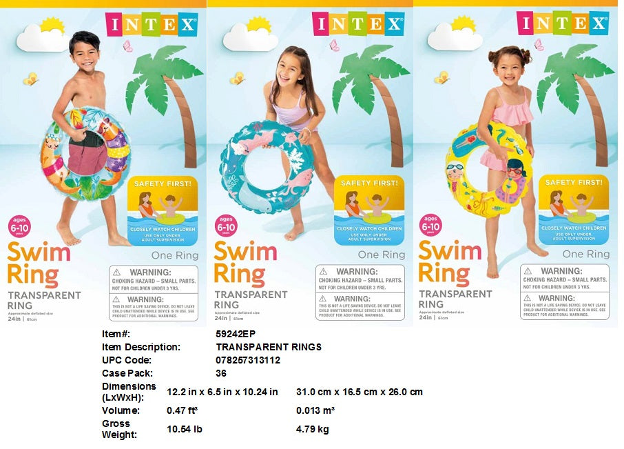 24"INTEX TRANSPARENT SWIM RING 3 DESIGNS MIX