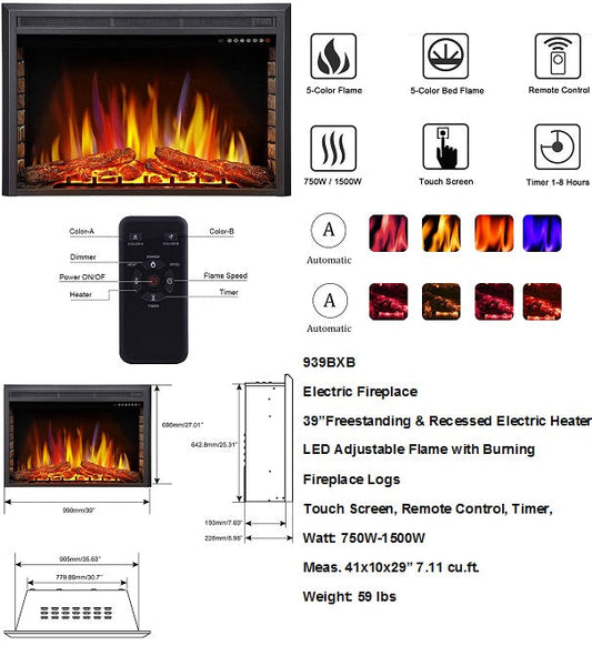 37X26X6.5"750/1500W ELECTRIC FIREPLACE HEATER+RE