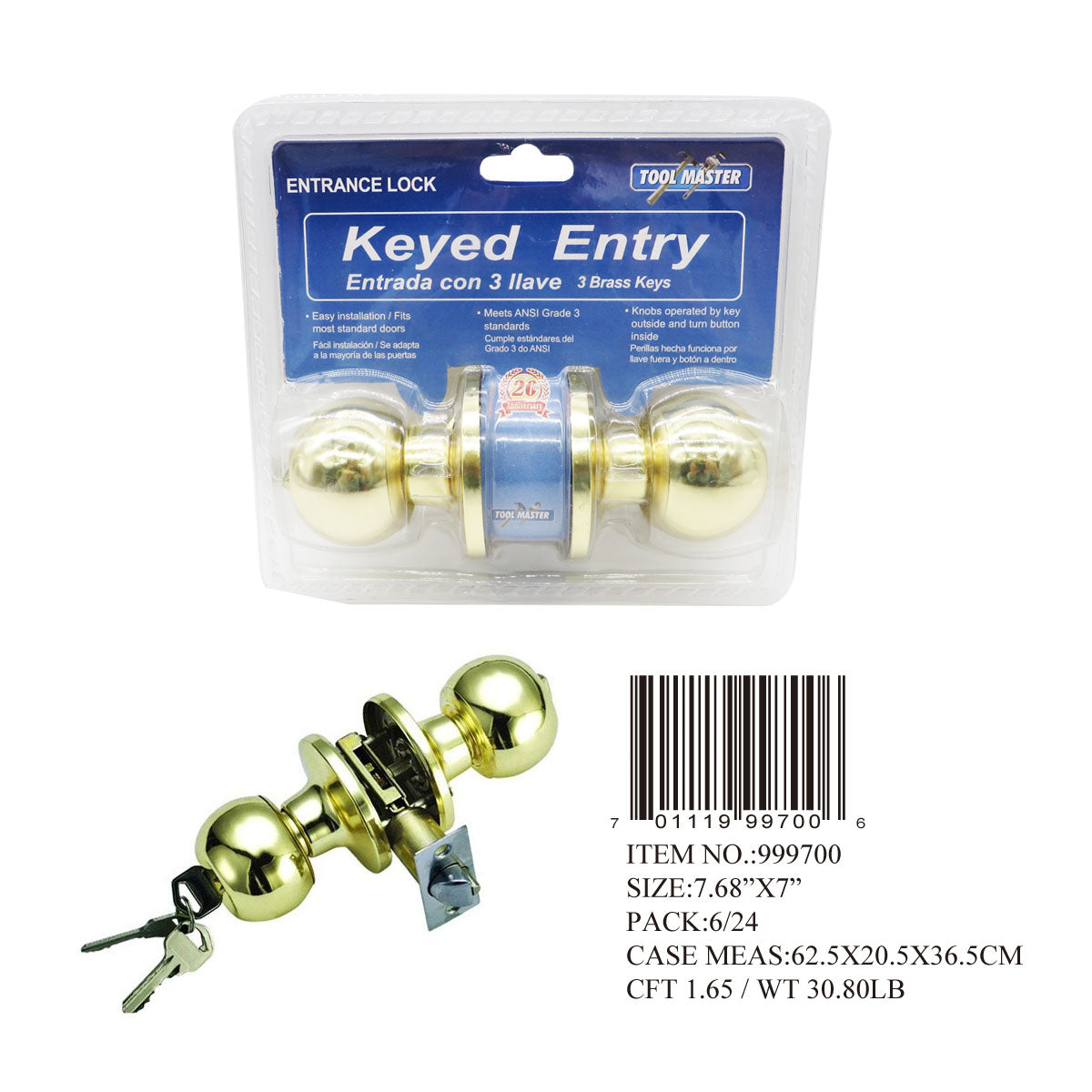 ENTRY DOOR  LOCK+3 KEYS GOLD COL