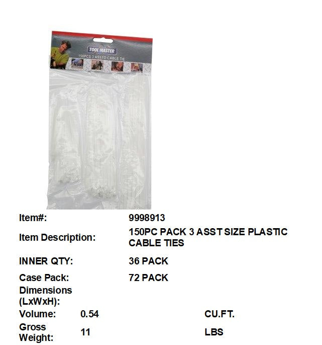 150PC PACK ASST PLASTIC CABLE TIES