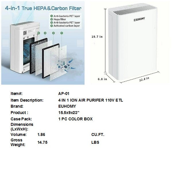 15.5X9X23"4IN1 EUHOMY ION AIR PURIFER