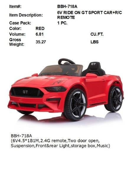 6V RIDE ON RED CONV SPORT CAR+R/C