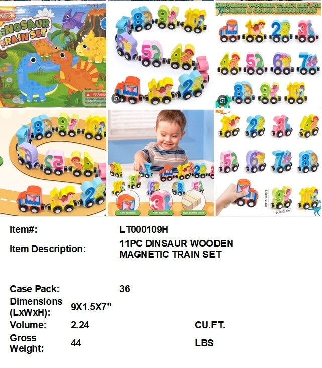 9X1.5X7"11PC DINO MAGNETIC TRAIN