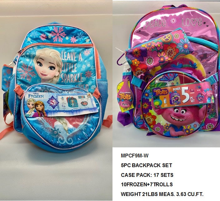 5PC BACKPACK SET 10FROZEN+7TROLLS