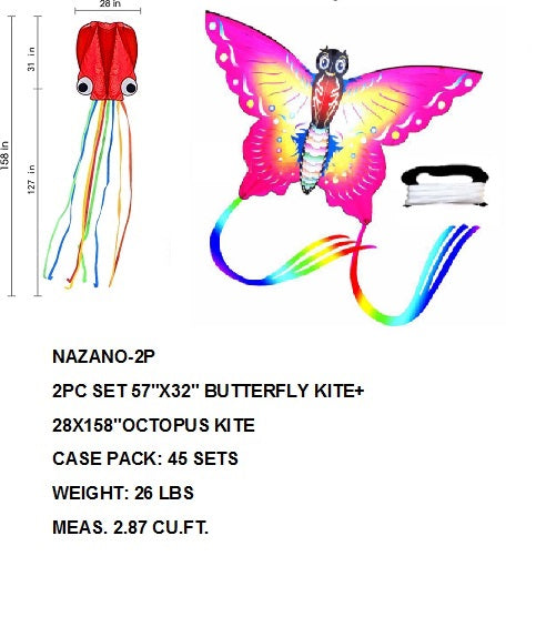 2PC 57"X32" BUTTERFLY KITE+28X158"OCTOPUS KITE