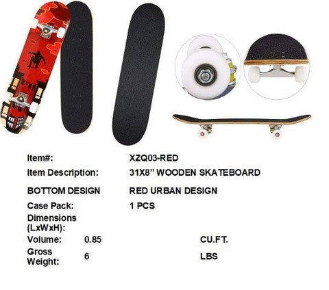 31X8"WOODEN SKATEBOARD RED COL DESIGN