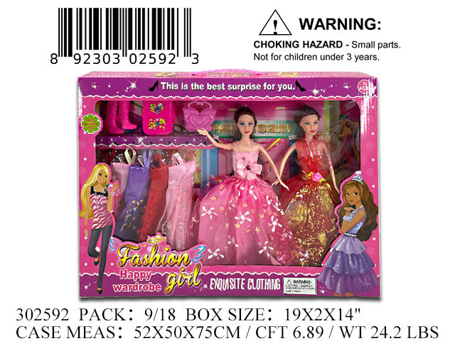 19X14X2"2PC 11"FASHION GIRL DOLL+DRESSES WBX