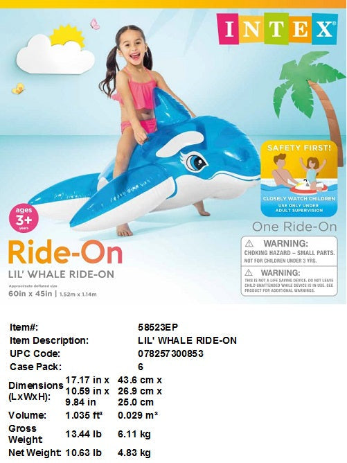 60X45"INTEX INFLATABLE LIL'WHALE RIDE-ON