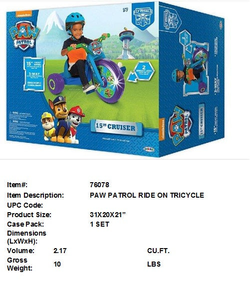31X20X21"PAW PATROL RIDE ON TRICYCLE
